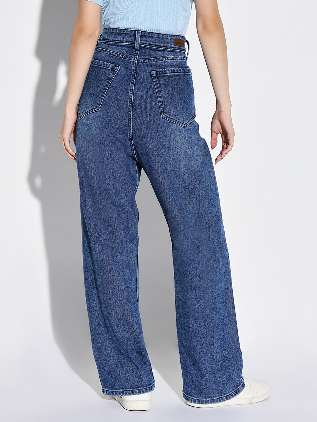 Blue Comfort Wide Leg Low Distress Light Fade Acid Wash Stretchable Jeans