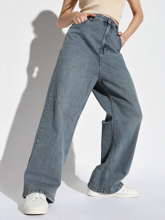 Blue Comfort Wide Leg Low Distress Light Fade Acid Wash Stretchable Jeans