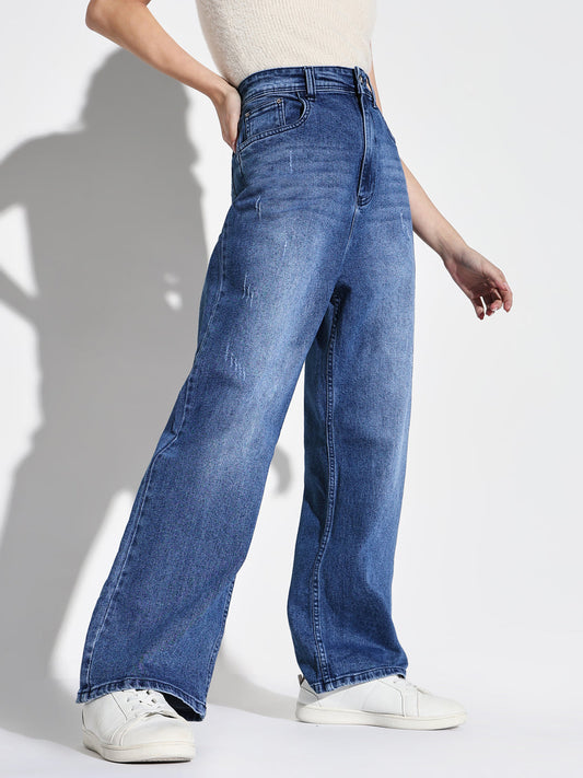 Blue Comfort Wide Leg Low Distress Light Fade Acid Wash Stretchable Jeans