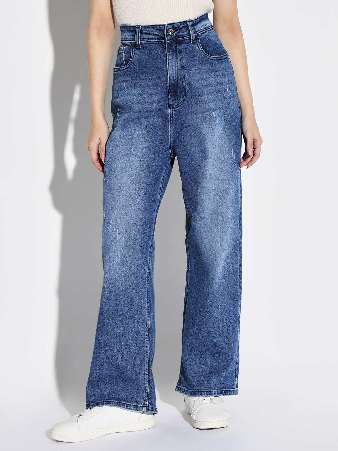Blue Comfort Wide Leg Low Distress Light Fade Acid Wash Stretchable Jeans