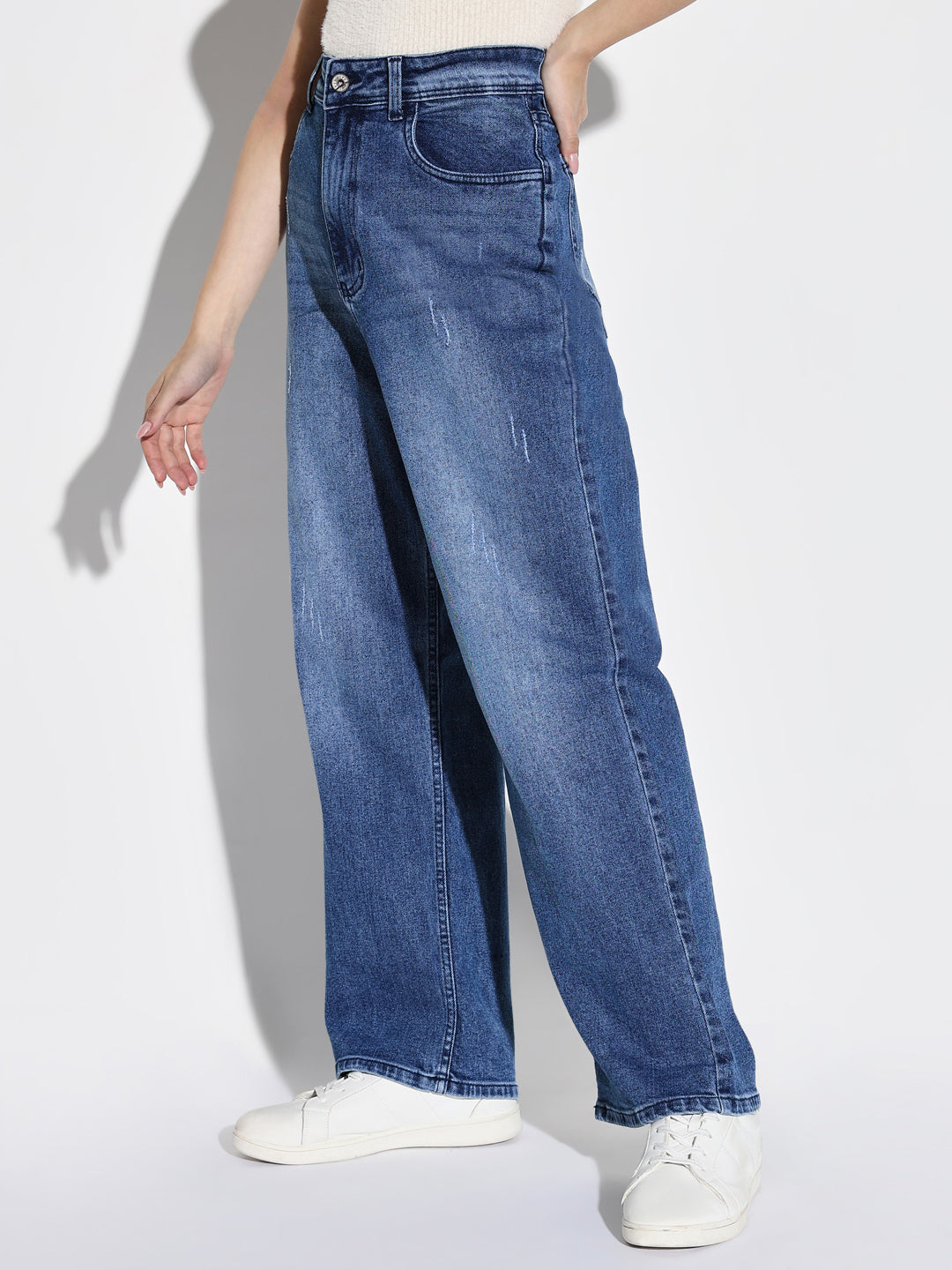 Blue Comfort Wide Leg Low Distress Light Fade Acid Wash Stretchable Jeans