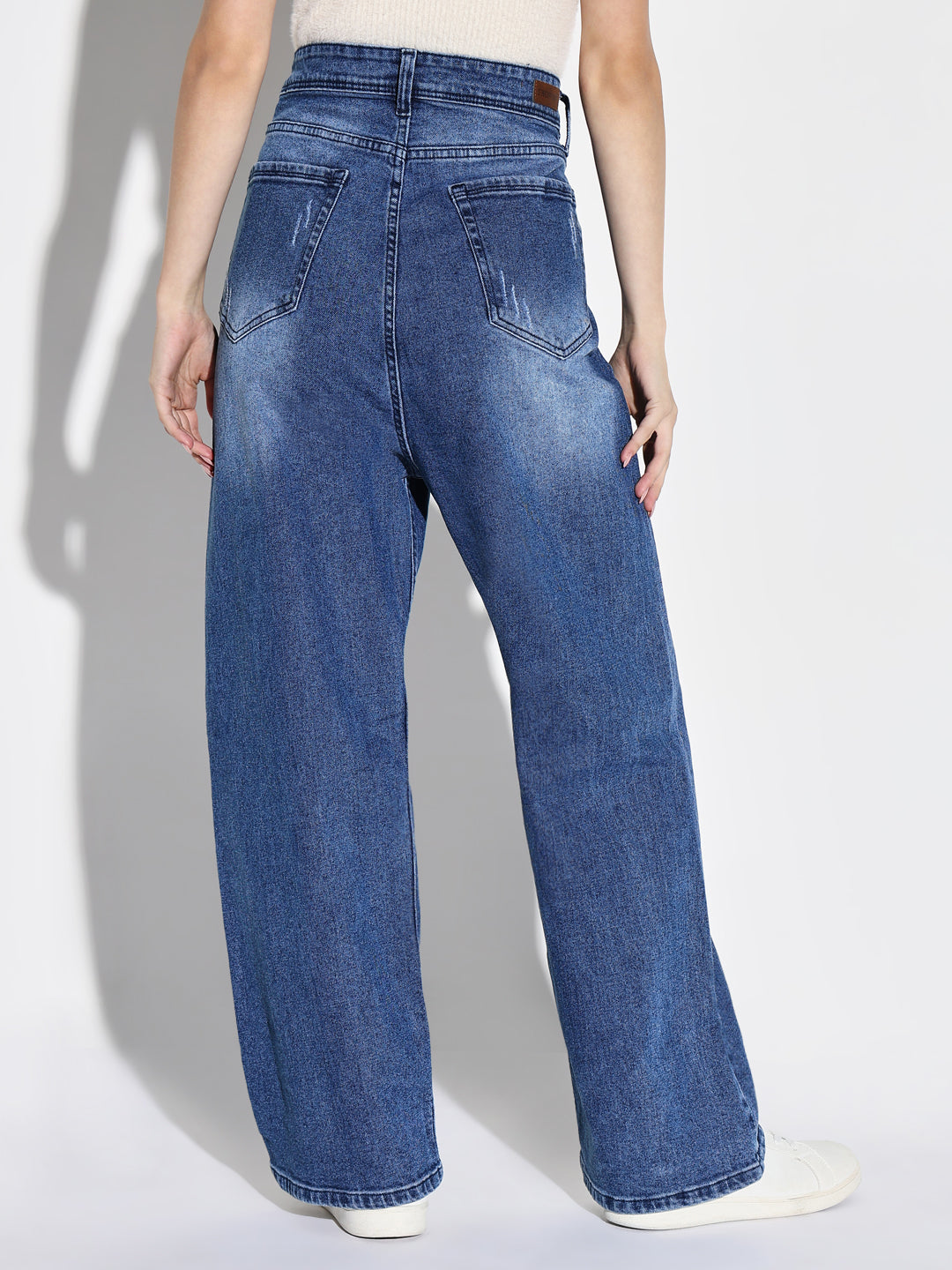 Blue Comfort Wide Leg Low Distress Light Fade Acid Wash Stretchable Jeans