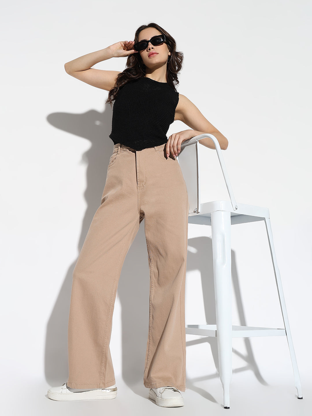 Beige Comfort Wide Leg Denim Jeans