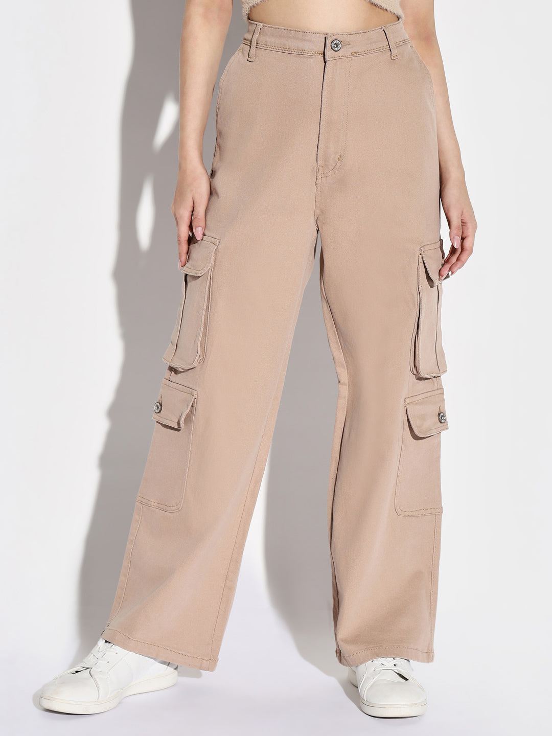Beige Comfort Wide Leg Acid Wash Cargo Styles Jeans