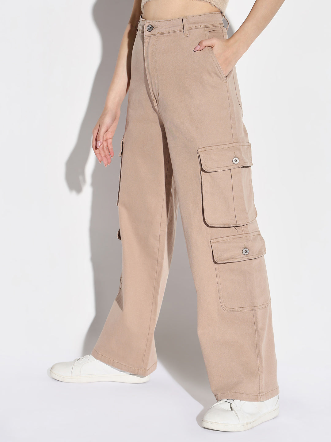 Beige Comfort Wide Leg Acid Wash Cargo Styles Jeans