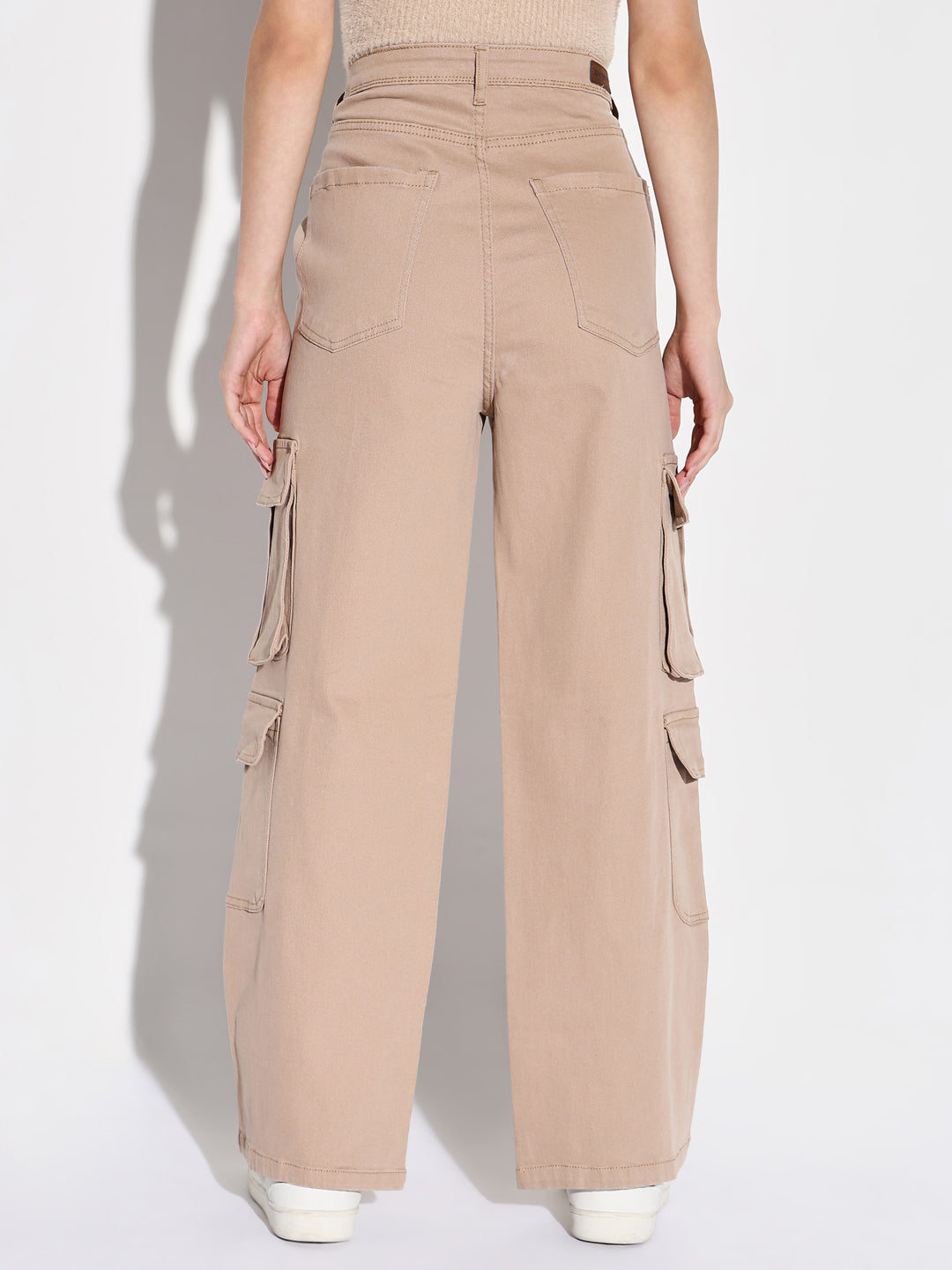 Beige Comfort Wide Leg Acid Wash Cargo Styles Jeans