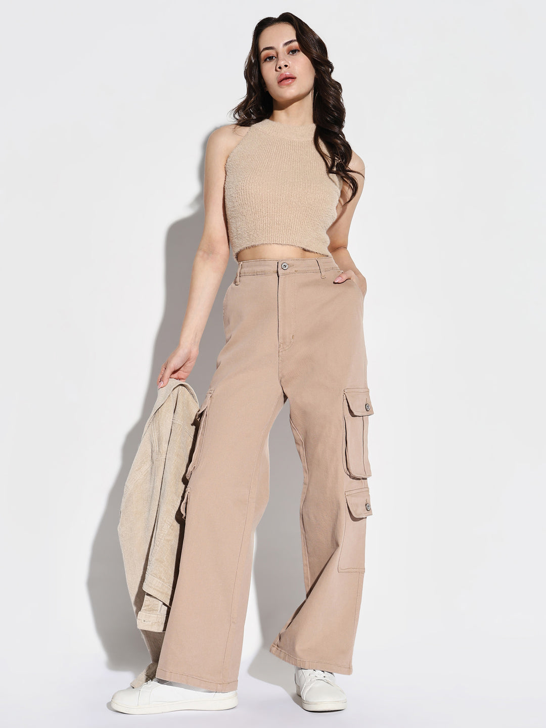 Beige Comfort Wide Leg Acid Wash Cargo Styles Jeans