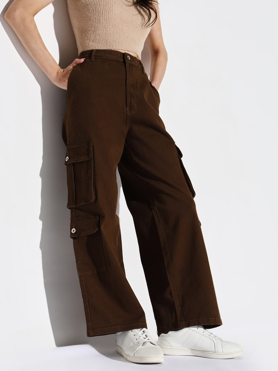 Brown Cotton Comfort Wide Leg Mid-Rise Acid Wash Jeans
