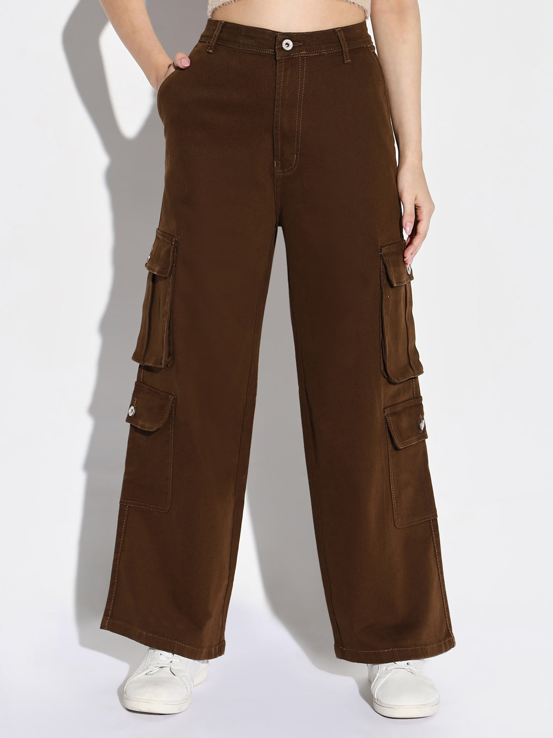 Brown Cotton Comfort Wide Leg Mid-Rise Acid Wash Jeans