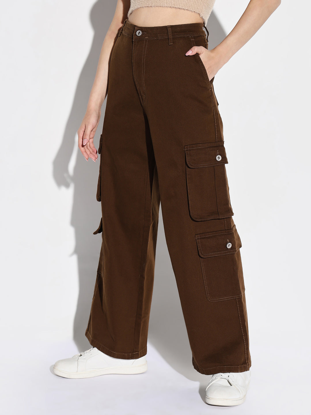 Brown Cotton Comfort Wide Leg Mid-Rise Acid Wash Jeans