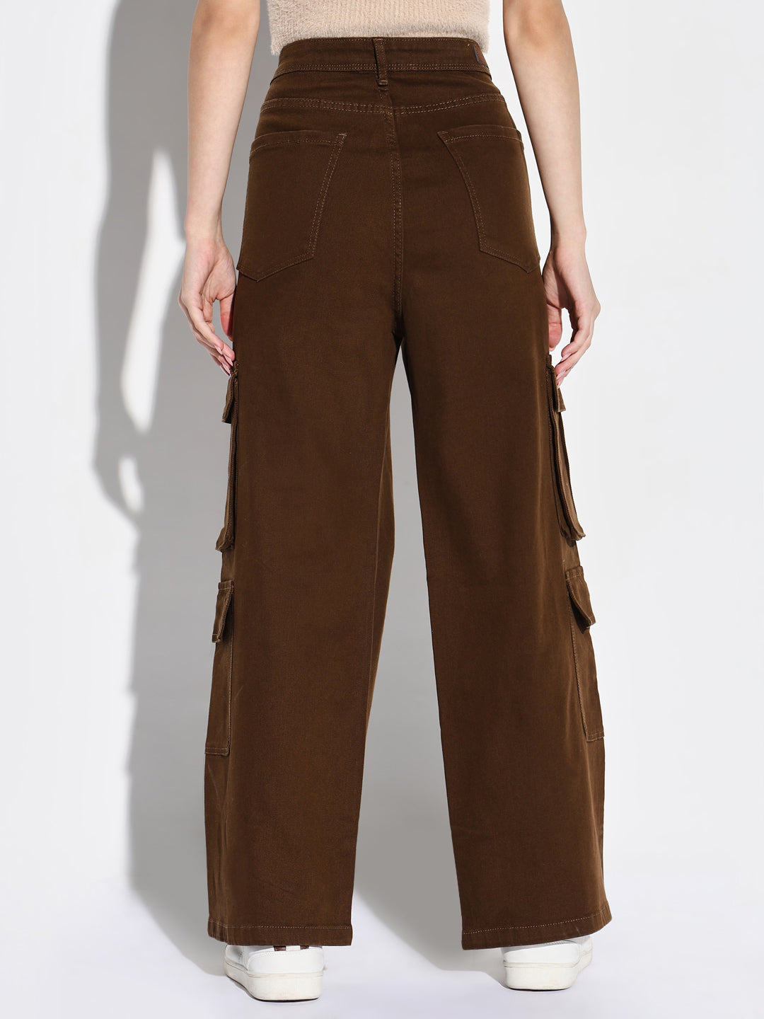 Brown Cotton Comfort Wide Leg Mid-Rise Acid Wash Jeans
