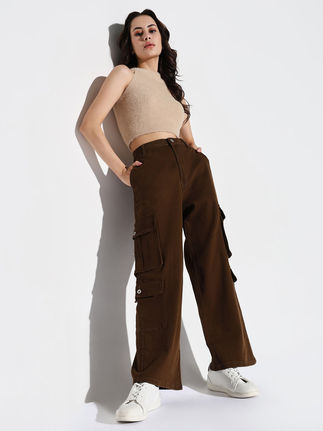 Brown Cotton Comfort Wide Leg Mid-Rise Acid Wash Jeans