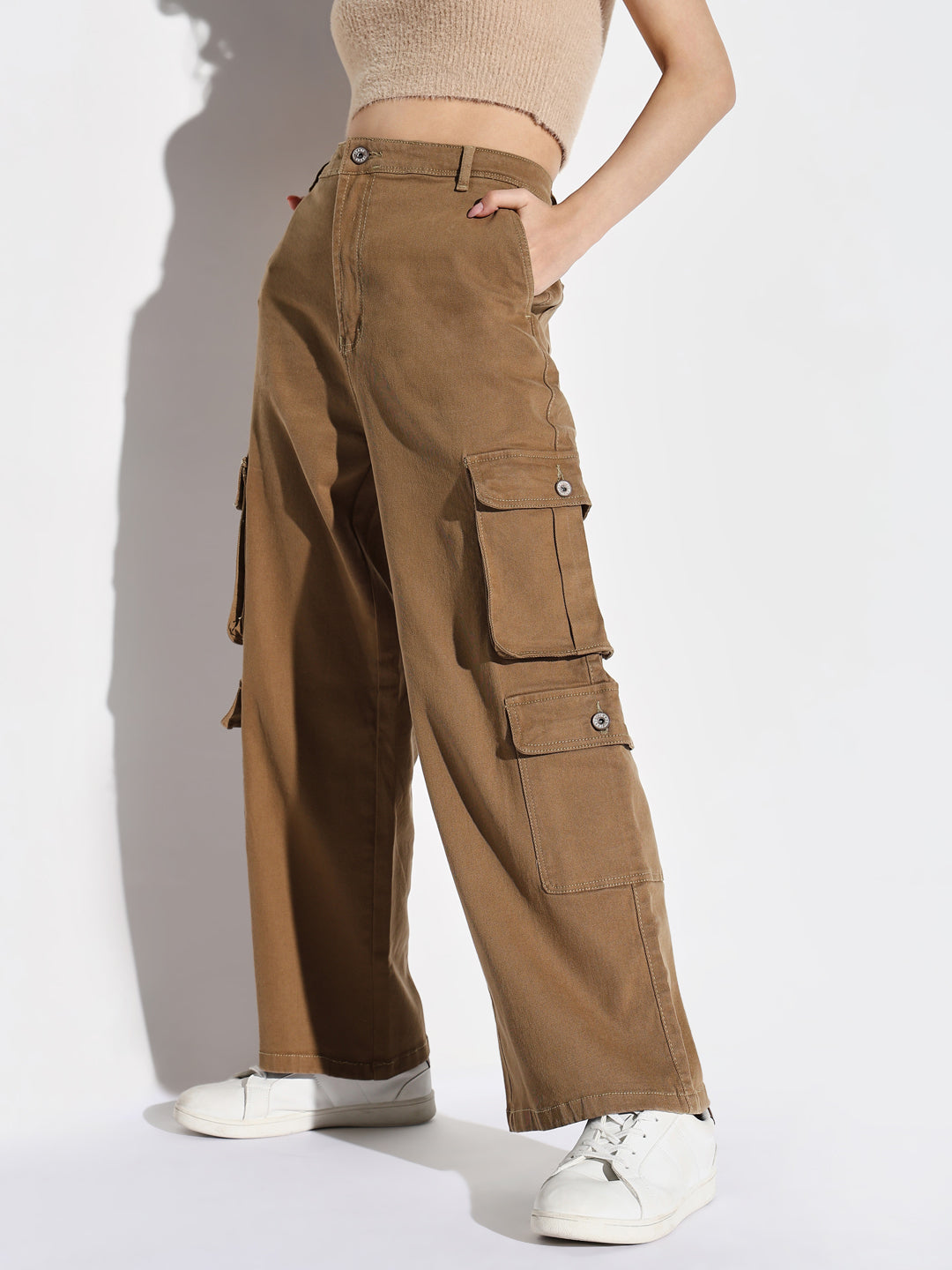 Khaki Denim Comfort Wide Leg Acid Wash Jeans