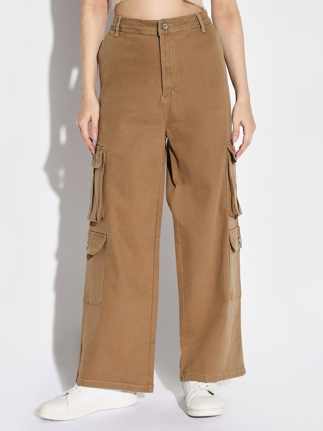 Khaki Denim Comfort Wide Leg Acid Wash Jeans