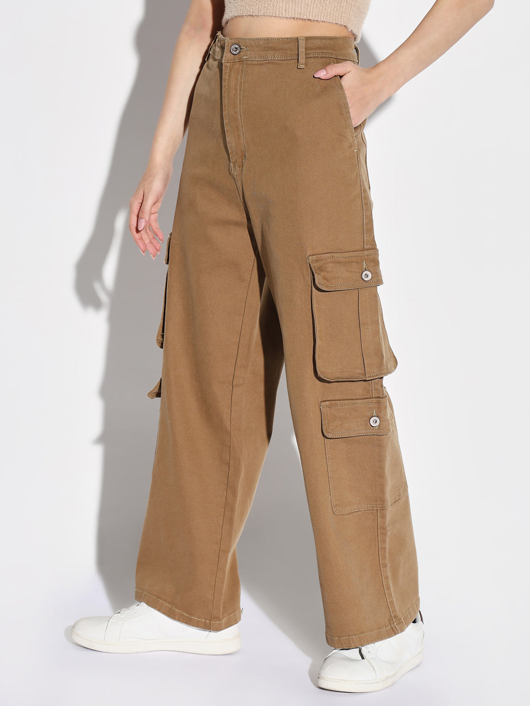 Khaki Denim Comfort Wide Leg Acid Wash Jeans