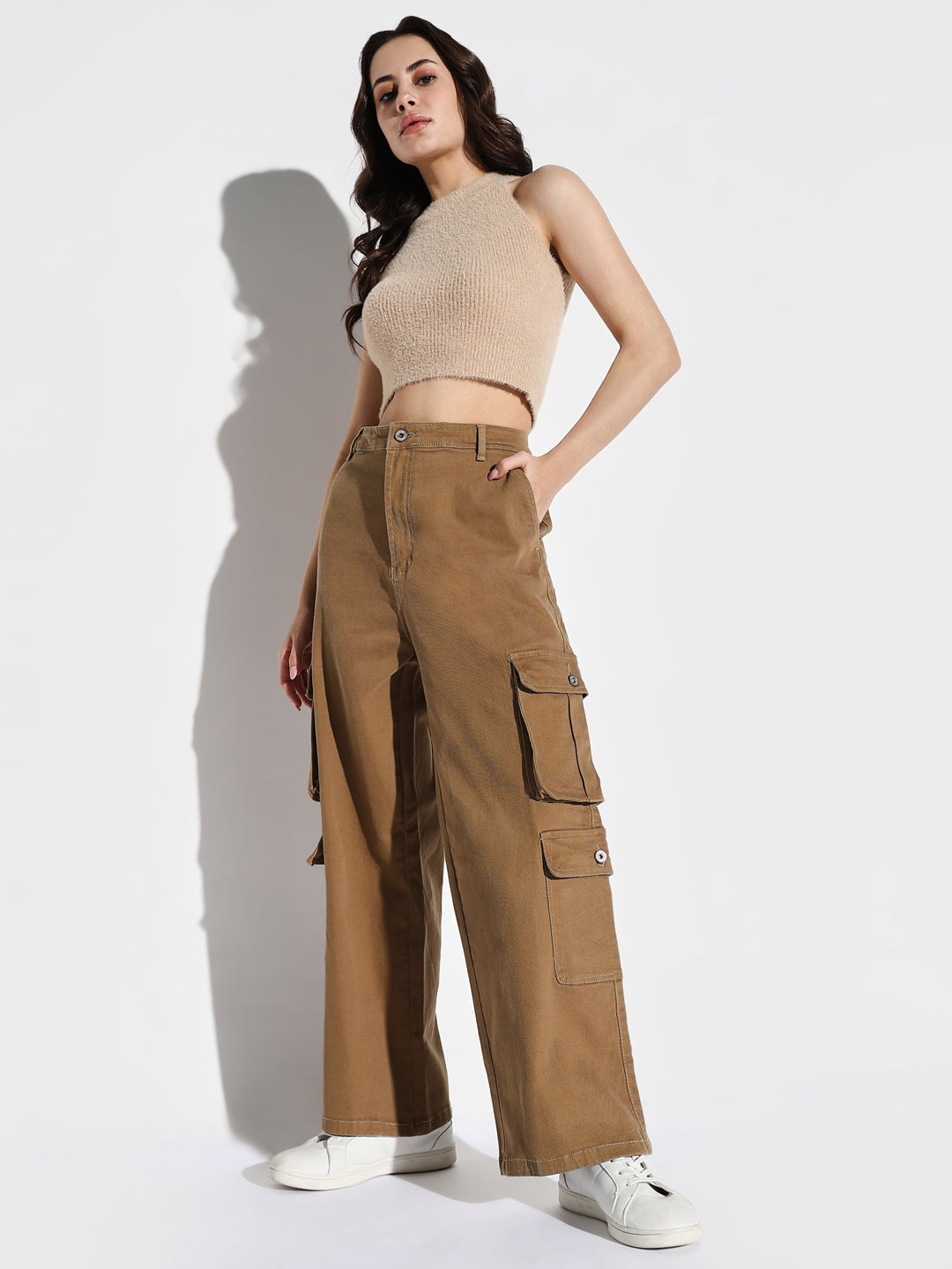 Khaki Denim Comfort Wide Leg Acid Wash Jeans