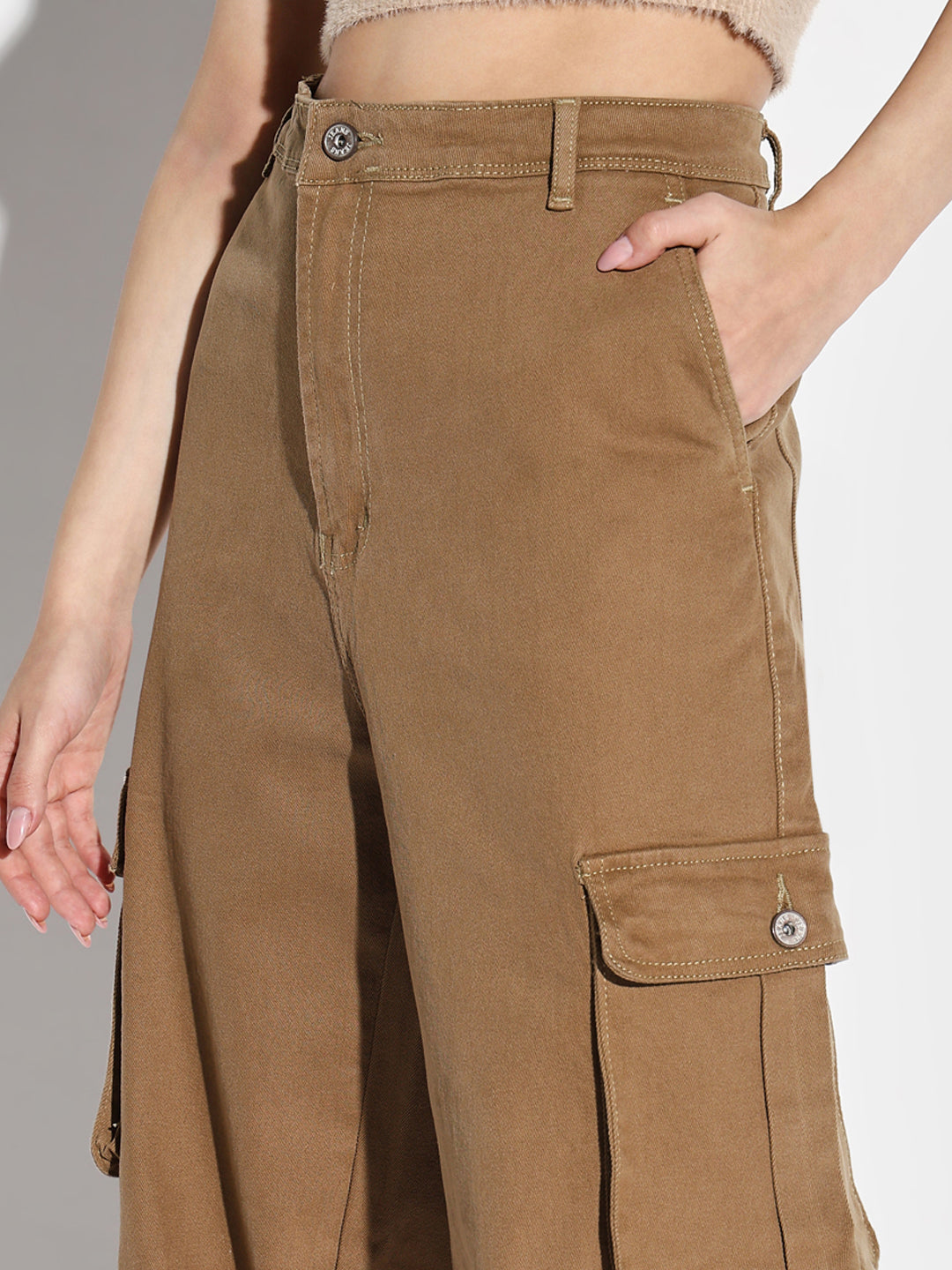 Khaki Denim Comfort Wide Leg Acid Wash Jeans