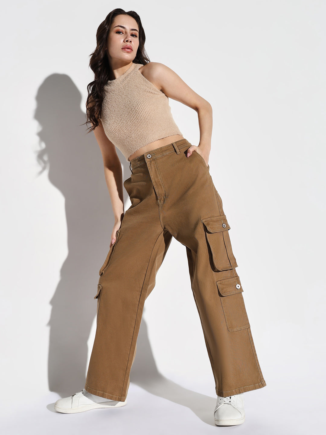 Khaki Denim Comfort Wide Leg Acid Wash Jeans