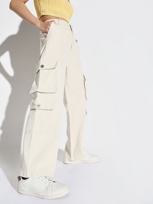 Off White Comfort Wide Leg Mid-Rise Denim Cargo Style Jeans
