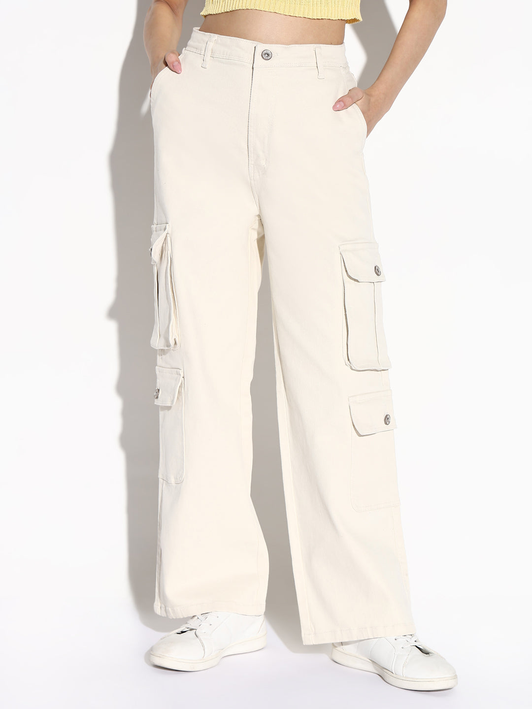 Off White Comfort Wide Leg Mid-Rise Denim Cargo Style Jeans