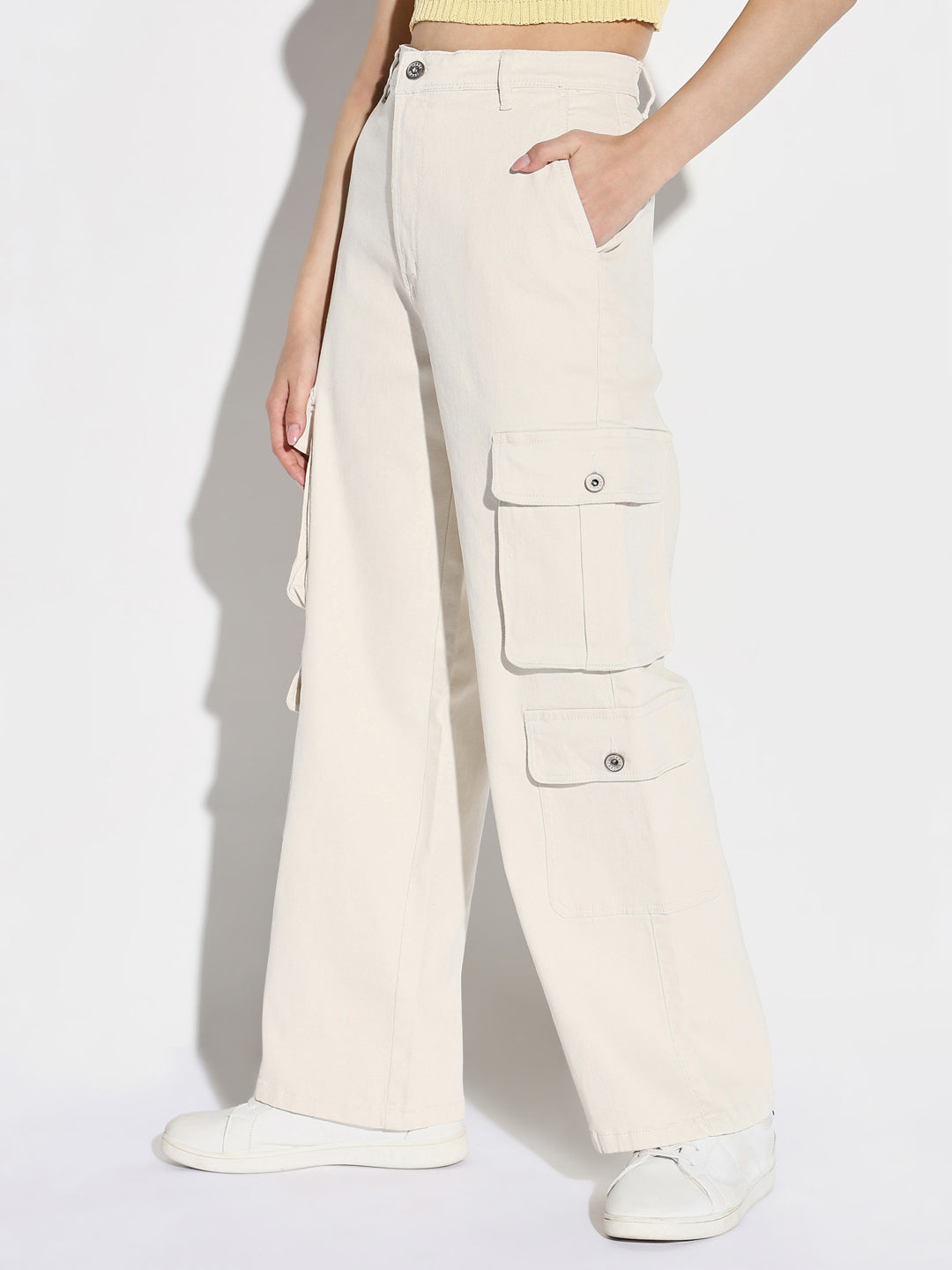 Off White Comfort Wide Leg Mid-Rise Denim Cargo Style Jeans