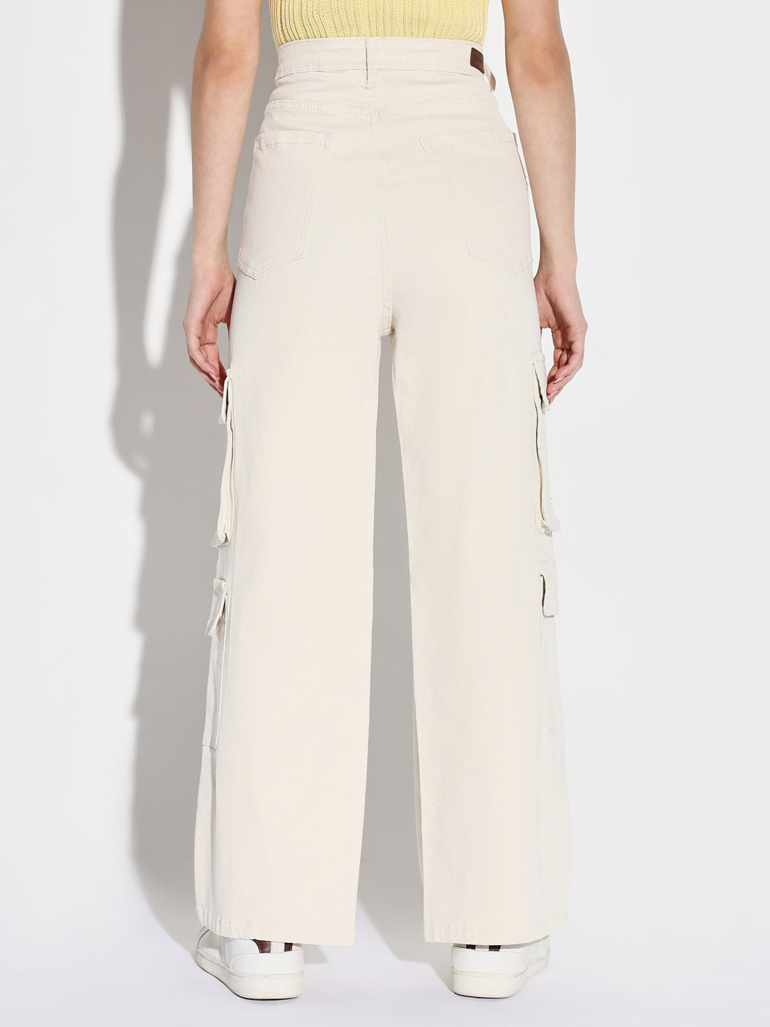 Off White Comfort Wide Leg Mid-Rise Denim Cargo Style Jeans