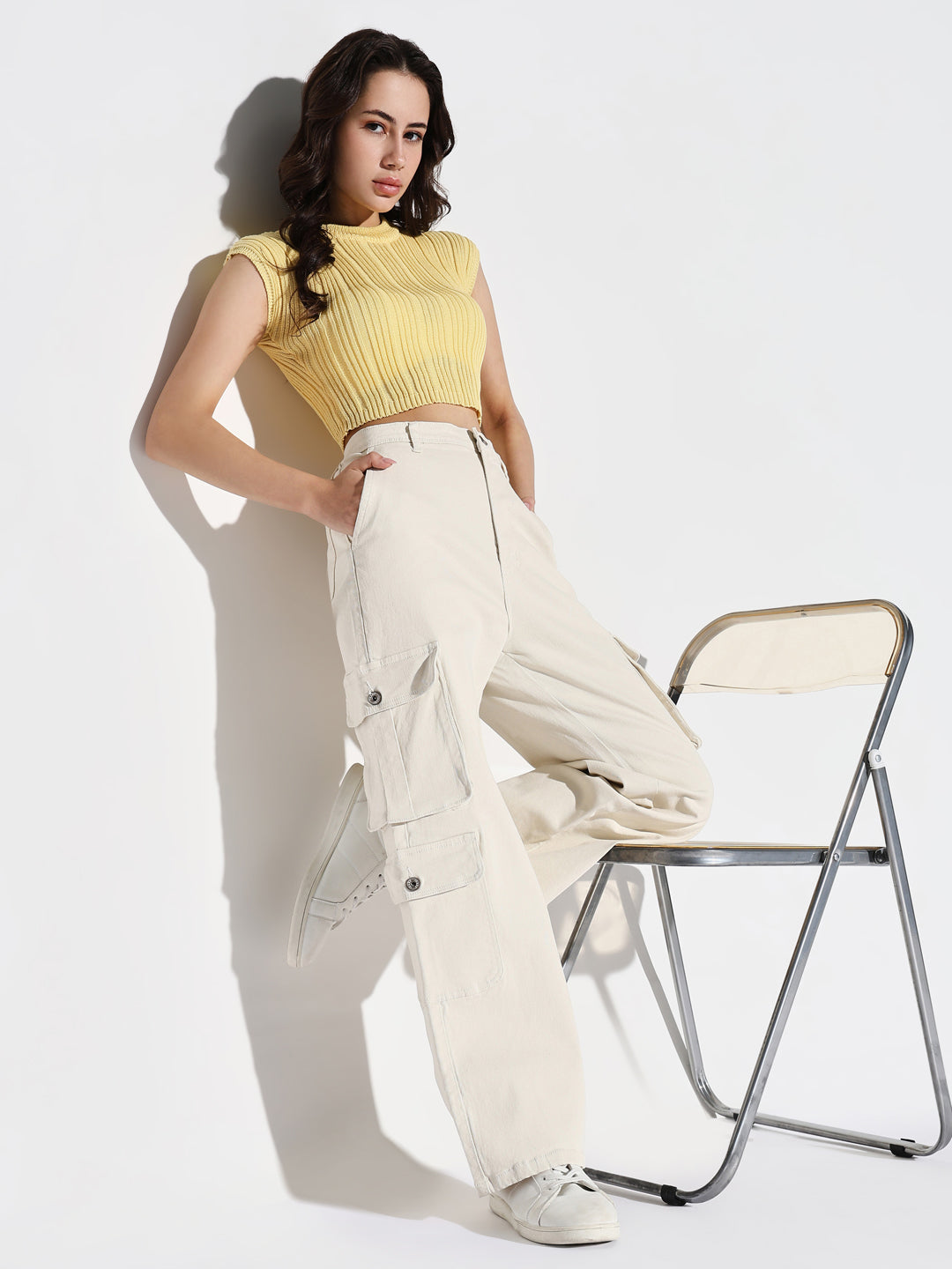 Off White Comfort Wide Leg Mid-Rise Denim Cargo Style Jeans