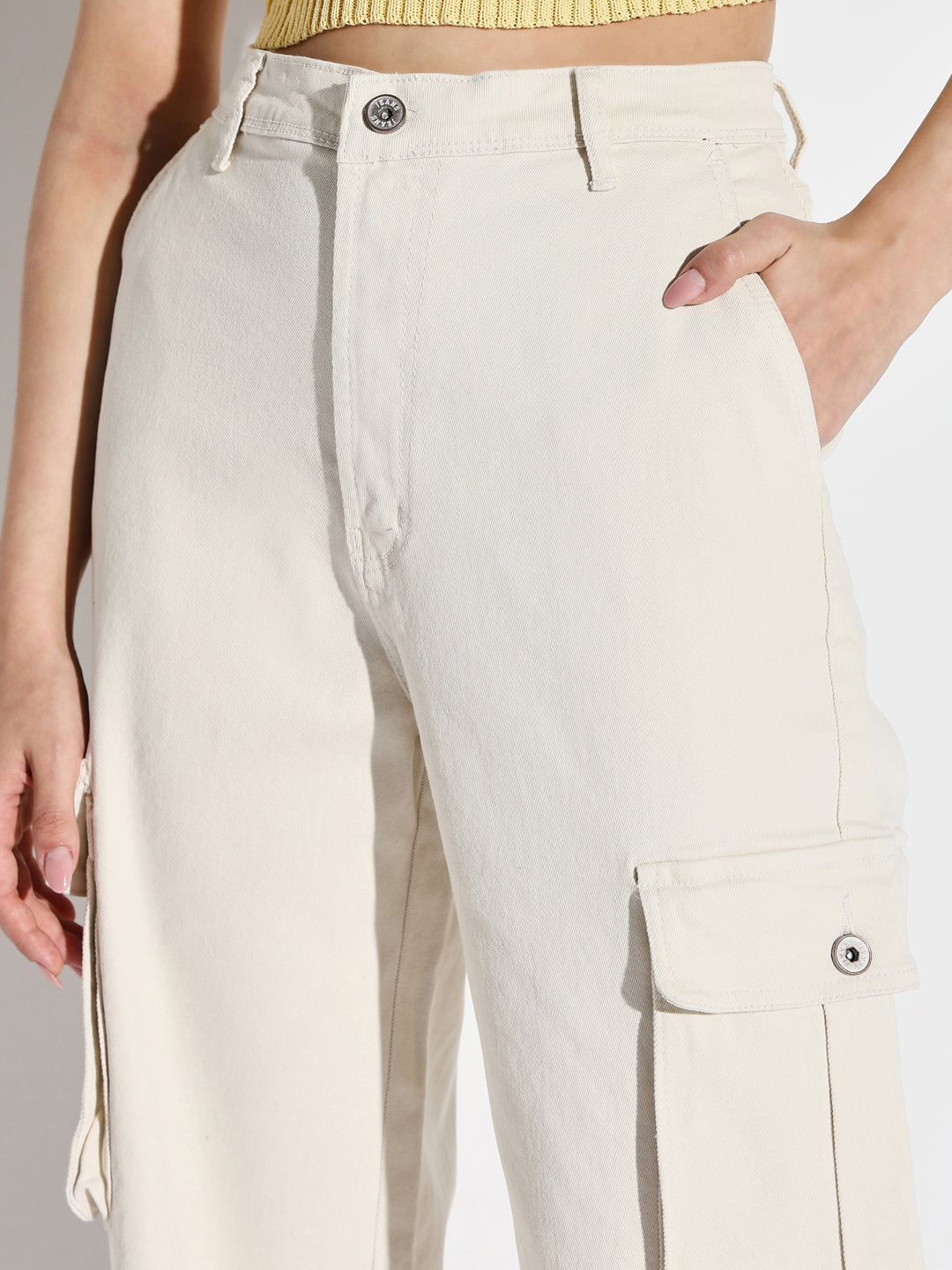 Off White Comfort Wide Leg Mid-Rise Denim Cargo Style Jeans