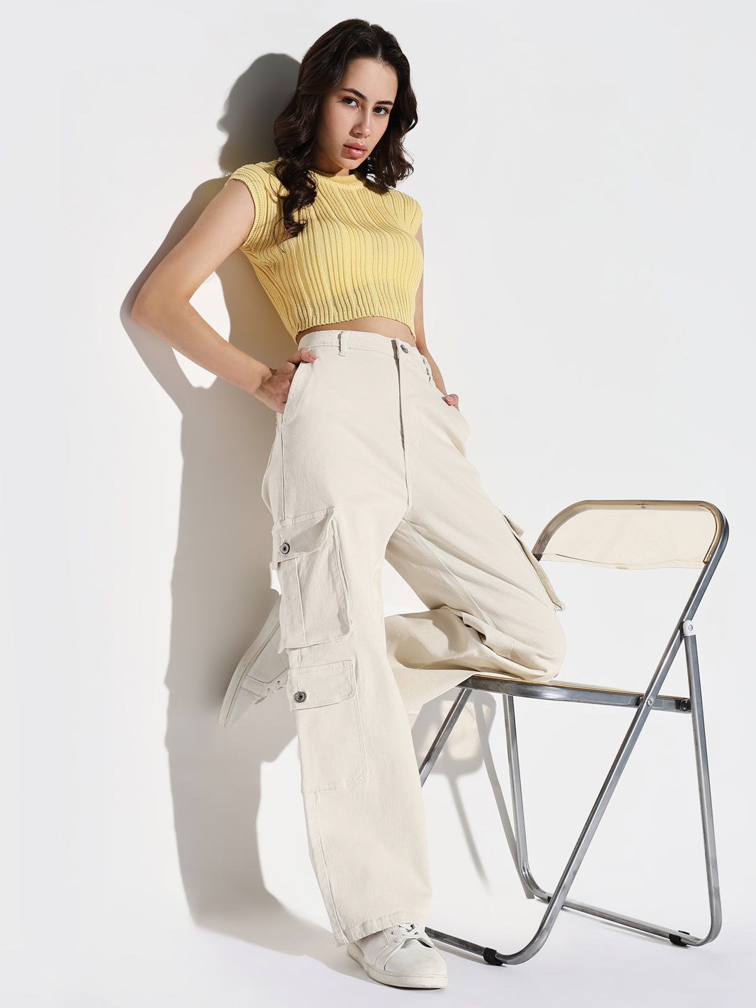 Off White Comfort Wide Leg Mid-Rise Denim Cargo Style Jeans