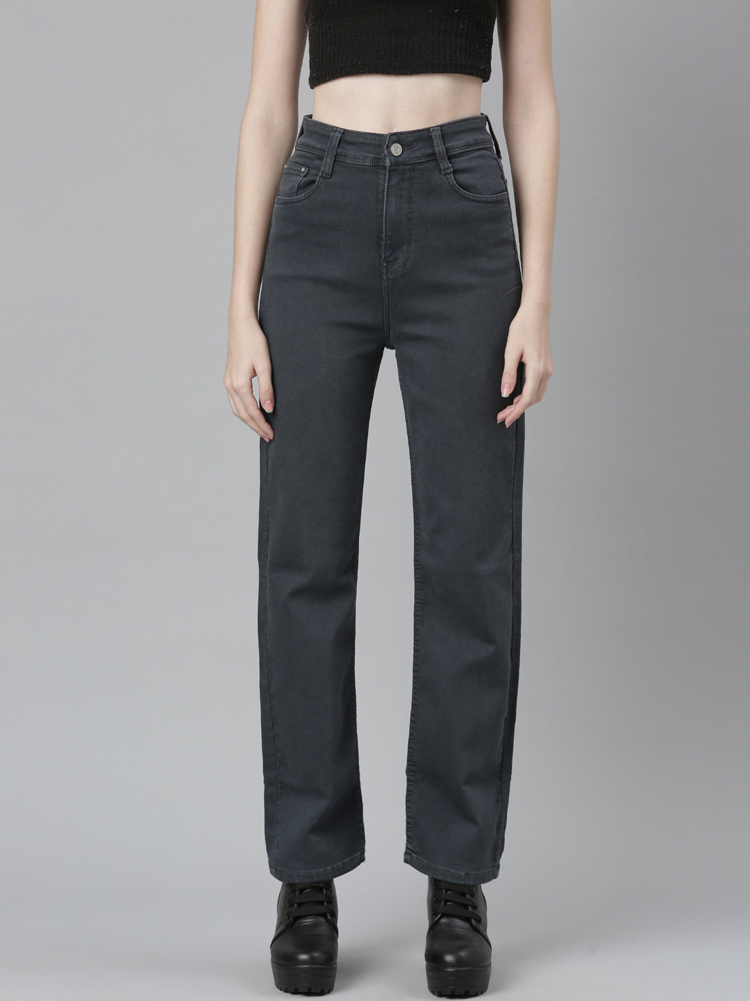 Grey Jean Straight Fit Mid-Rise Acid Wash Stretchable Jeans