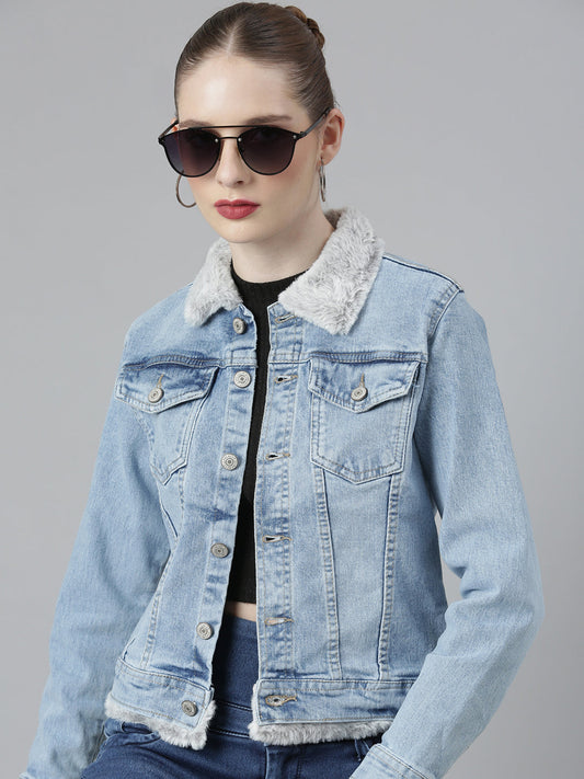 Blue Crop Denim Jacket With Faux Fur Trim