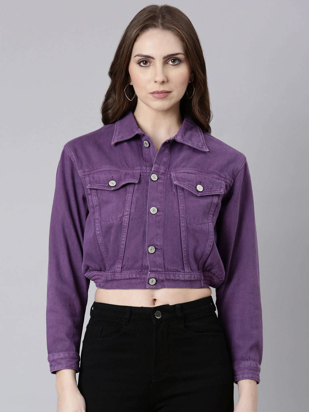 Purple Spread Collar Crop Denim Jacket
