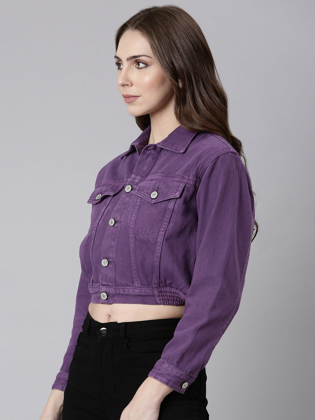 Purple Spread Collar Crop Denim Jacket
