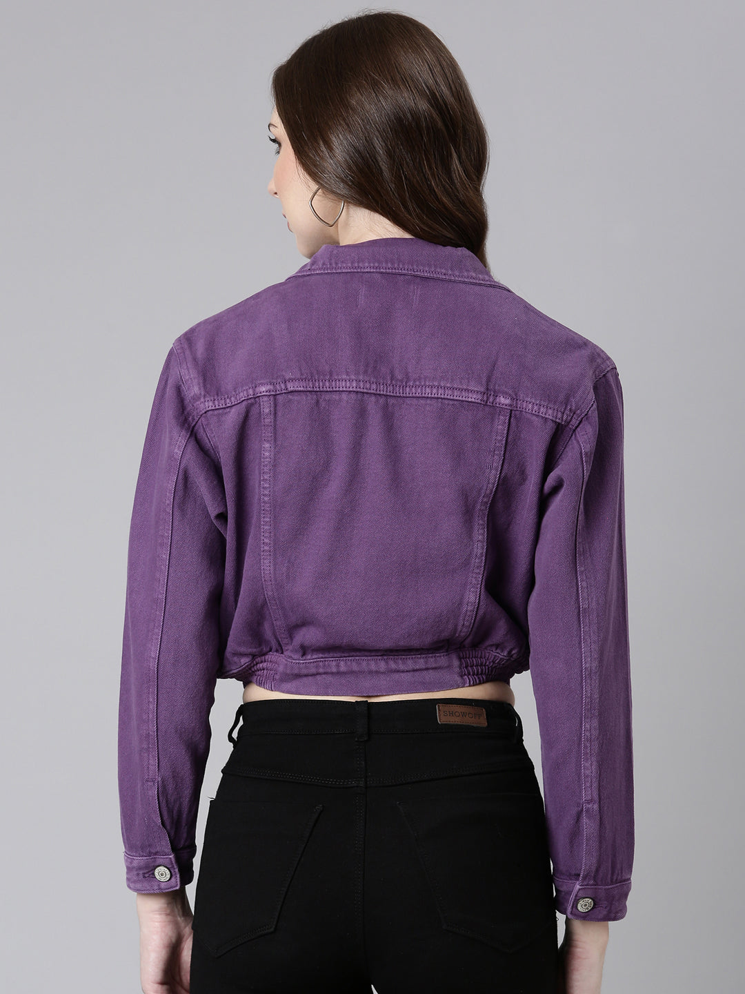 Purple Spread Collar Crop Denim Jacket