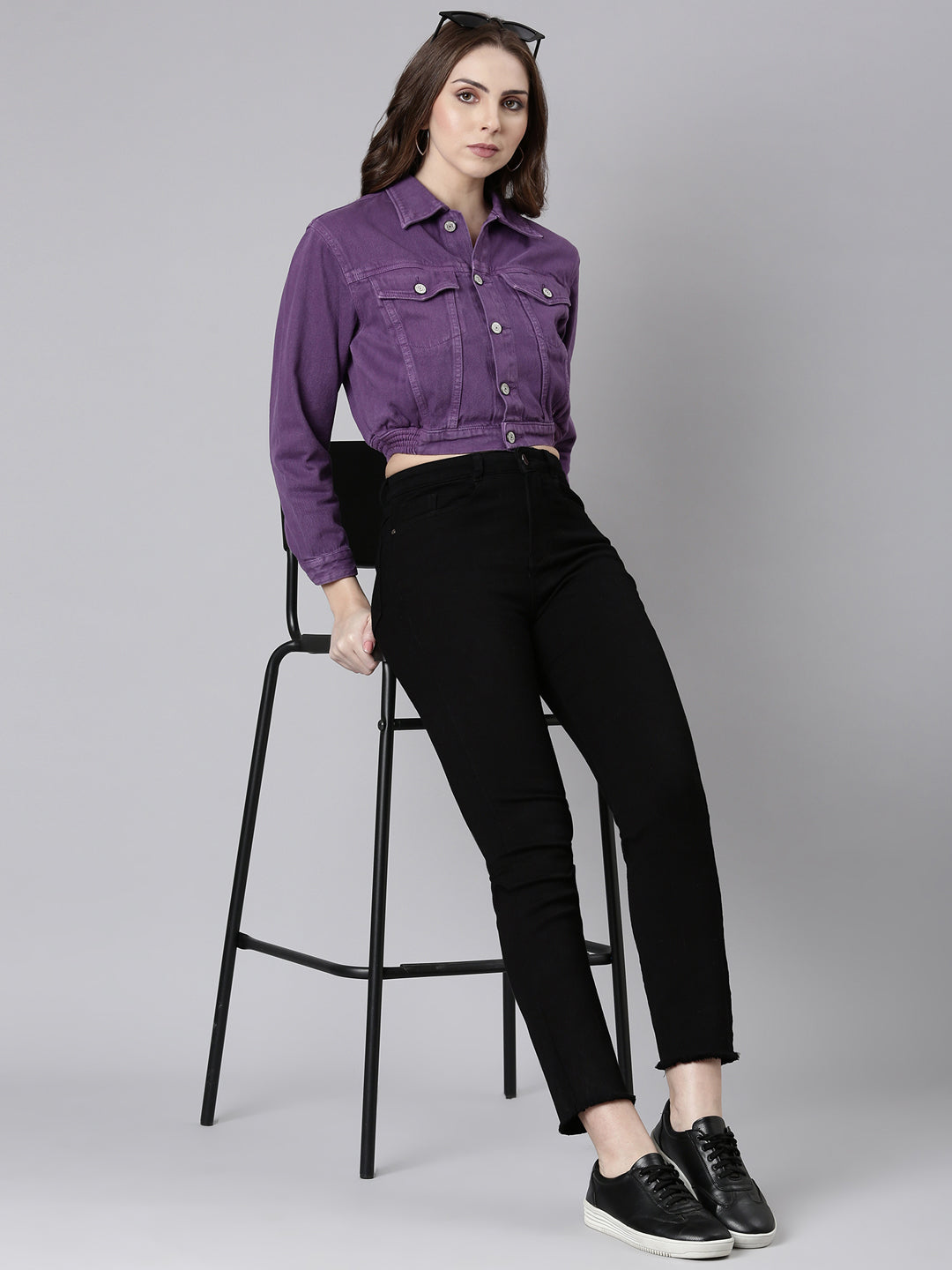 Purple Spread Collar Crop Denim Jacket