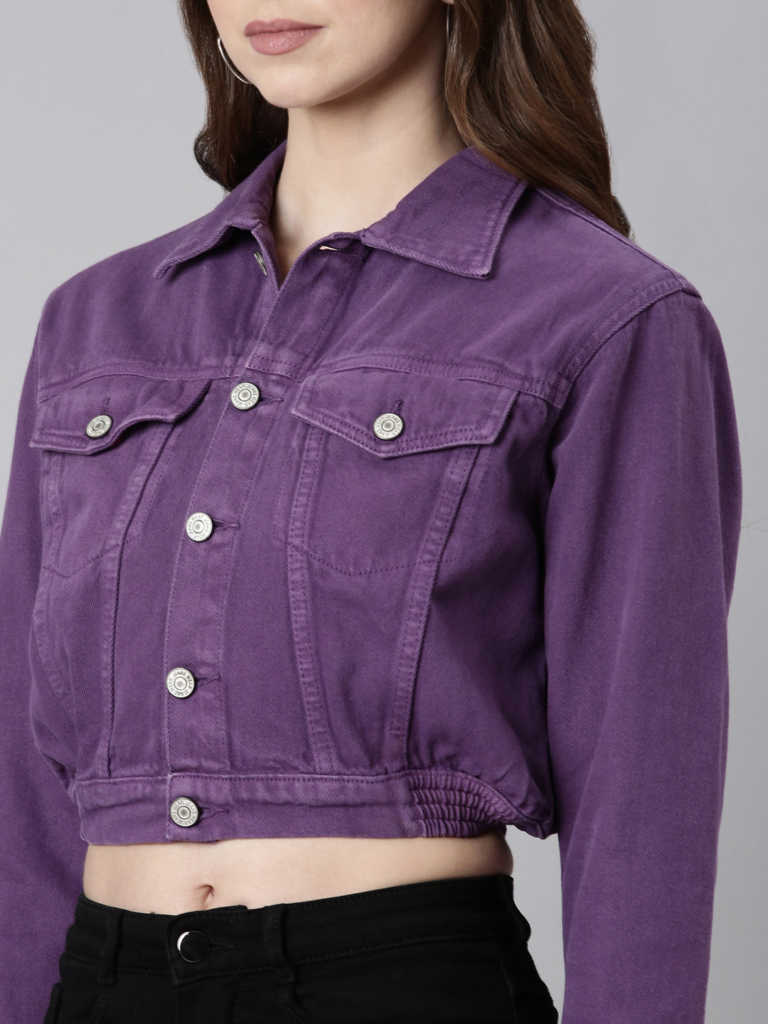 Purple Spread Collar Crop Denim Jacket