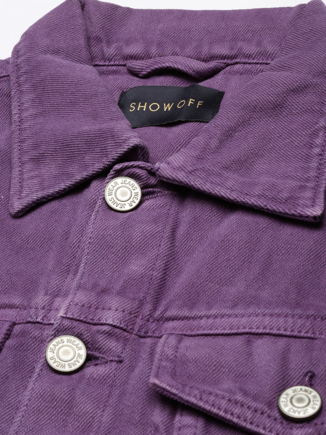 Purple Spread Collar Crop Denim Jacket