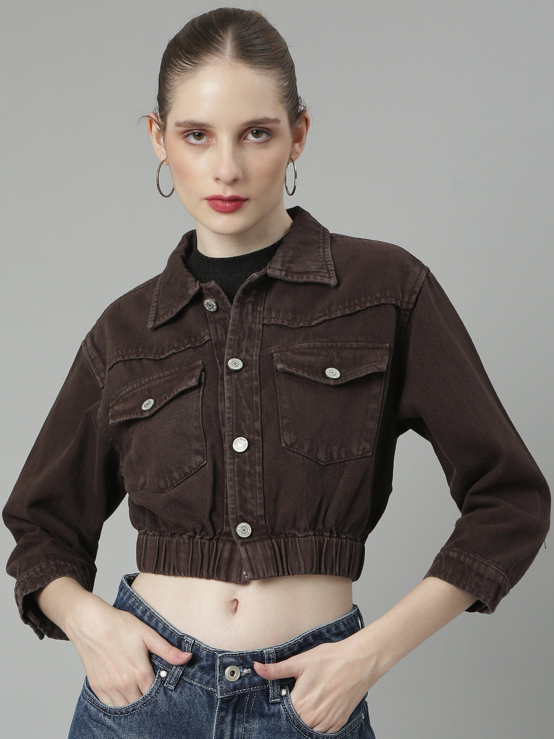 Brown Spread Collar Crop Denim Jacket