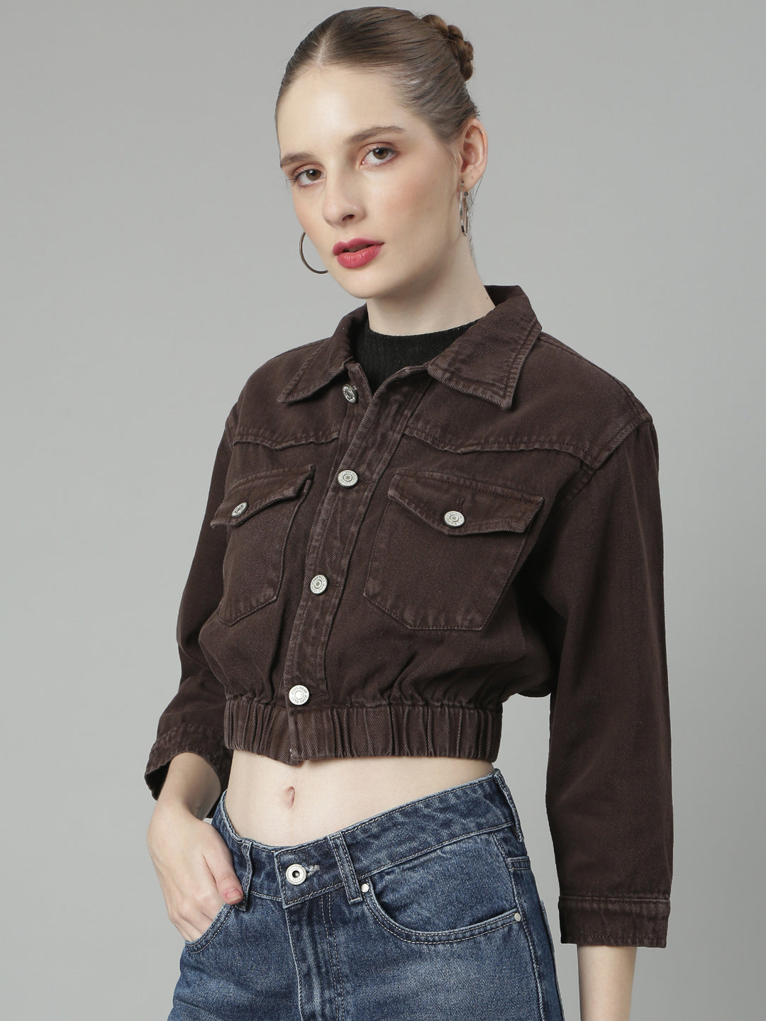 Brown Spread Collar Crop Denim Jacket