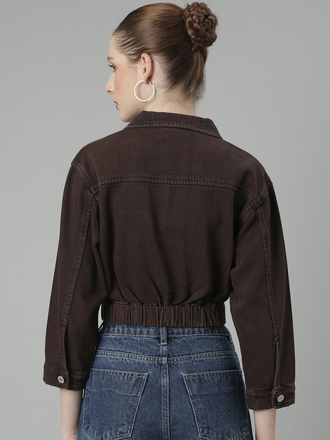 Brown Spread Collar Crop Denim Jacket