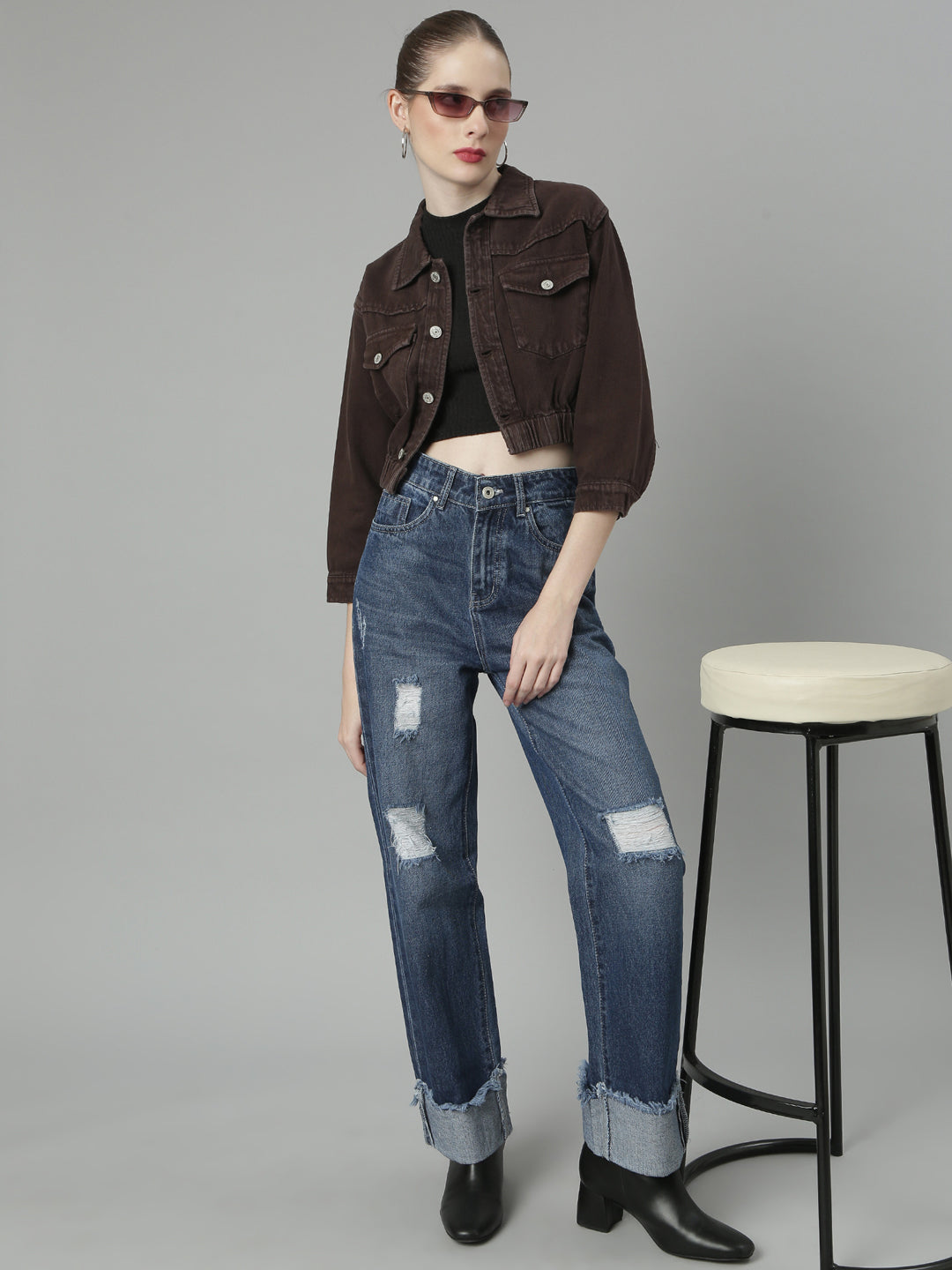 Brown Spread Collar Crop Denim Jacket