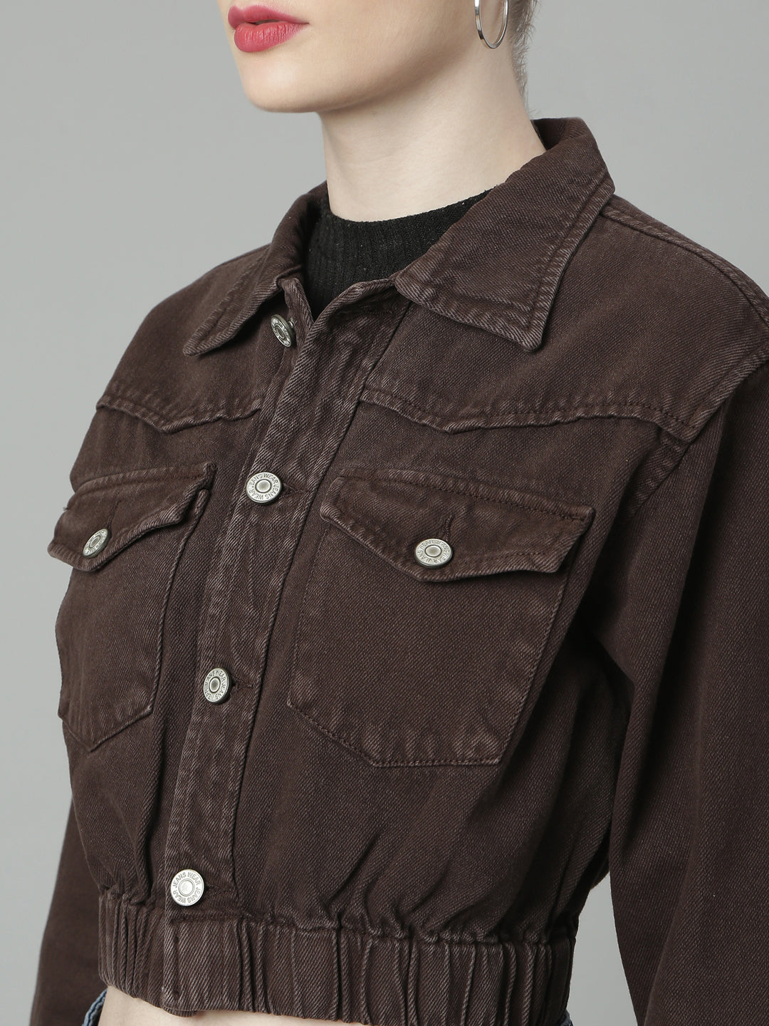 Brown Spread Collar Crop Denim Jacket