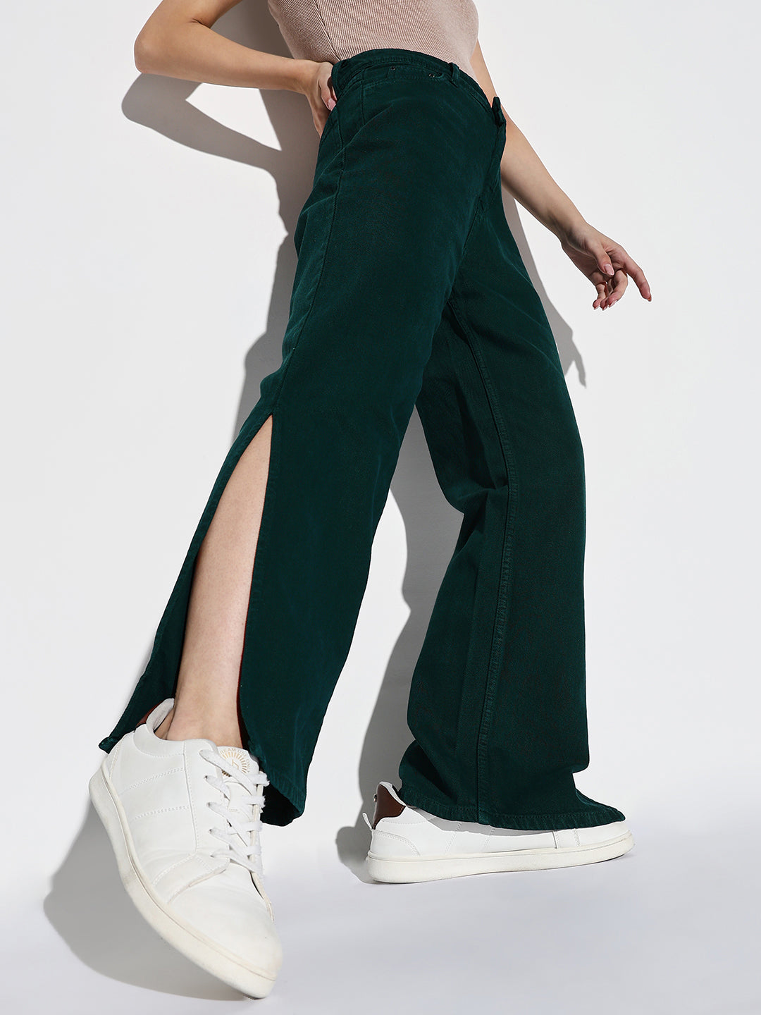 Green Comfort Wide Leg Acid Wash Stretchable Jeans