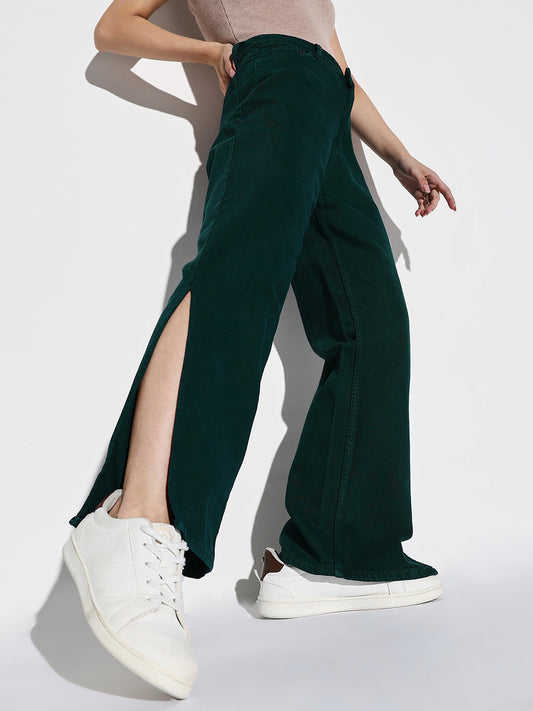 Green Comfort Wide Leg Acid Wash Stretchable Jeans