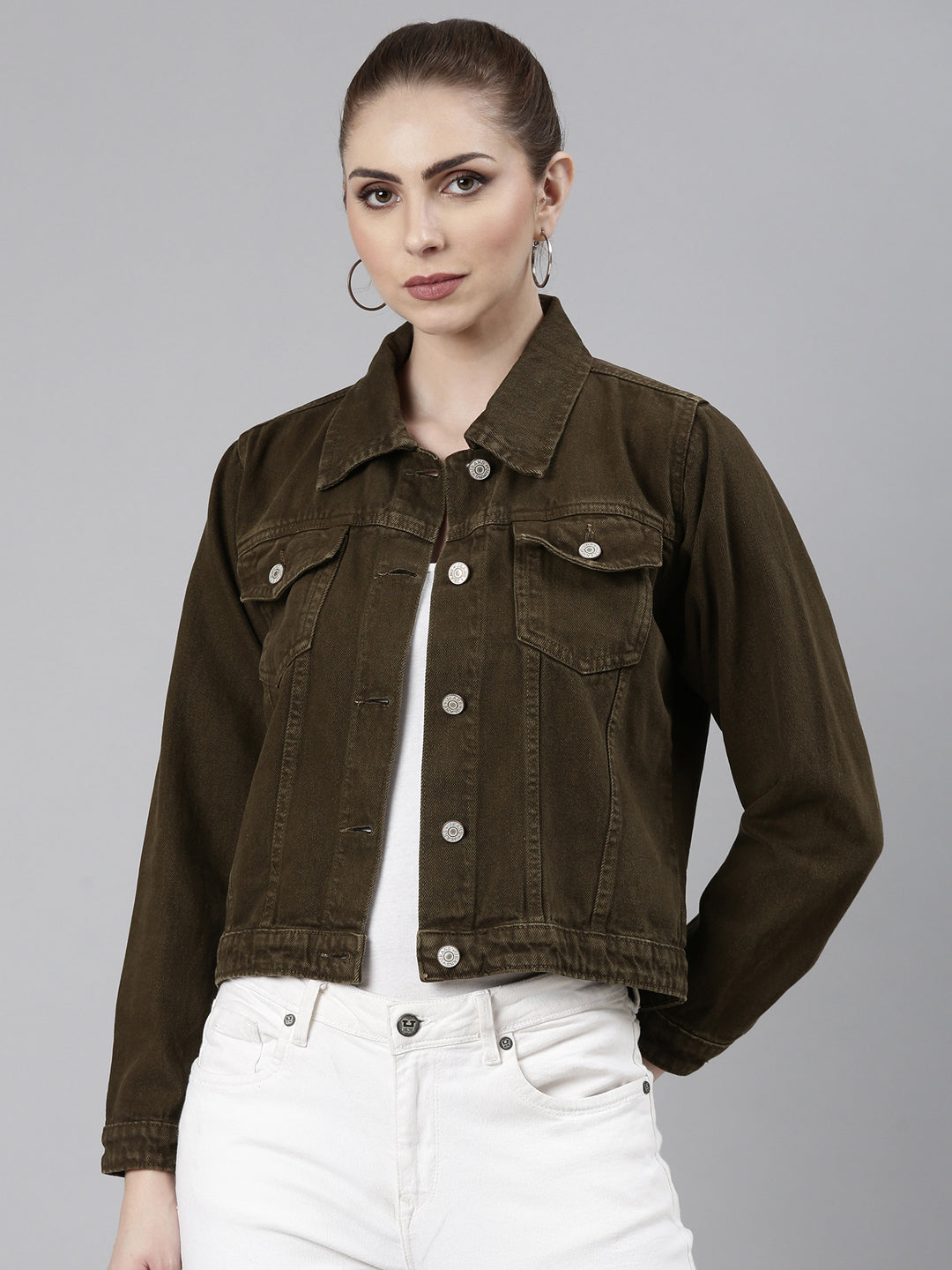 Brown Spread Collar Denim Jacket