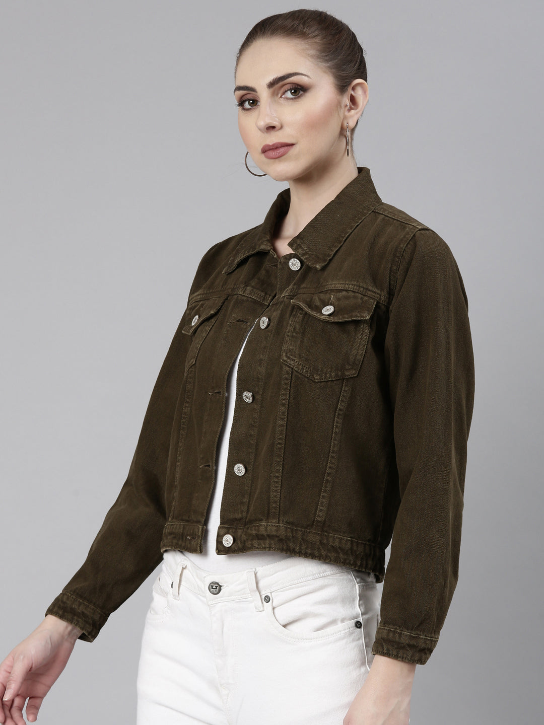 Brown Spread Collar Denim Jacket