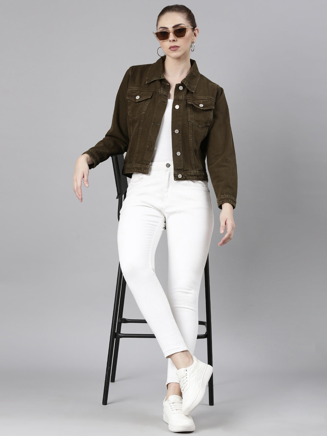 Brown Spread Collar Denim Jacket