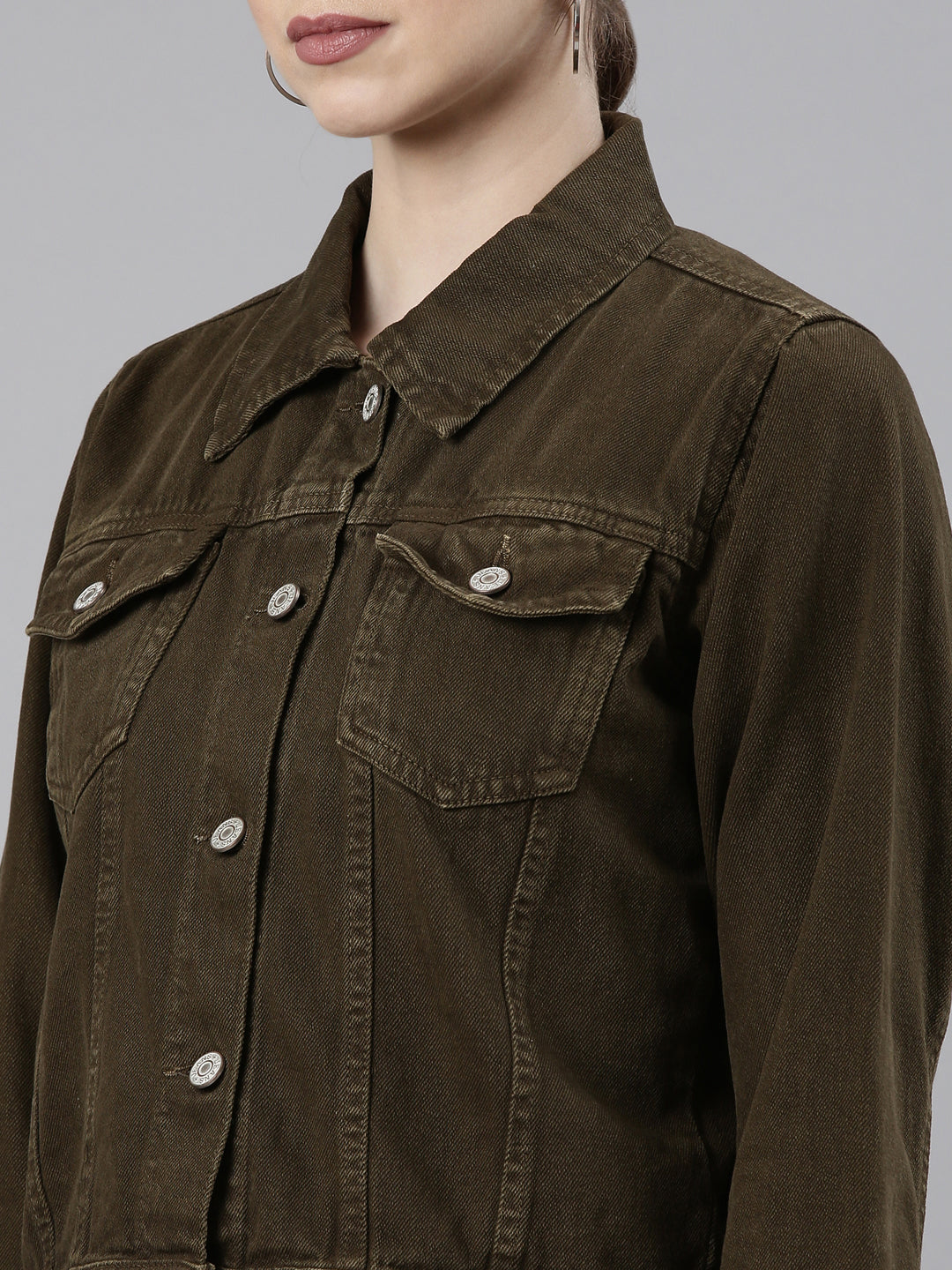 Brown Spread Collar Denim Jacket