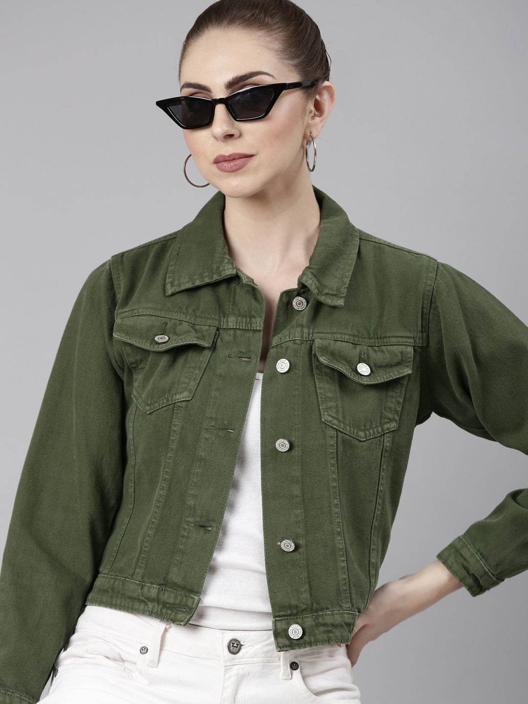 Green Spread Collar Crop Denim Jacket
