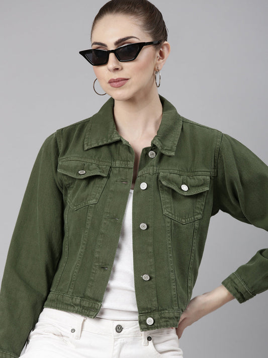 Green Spread Collar Crop Denim Jacket